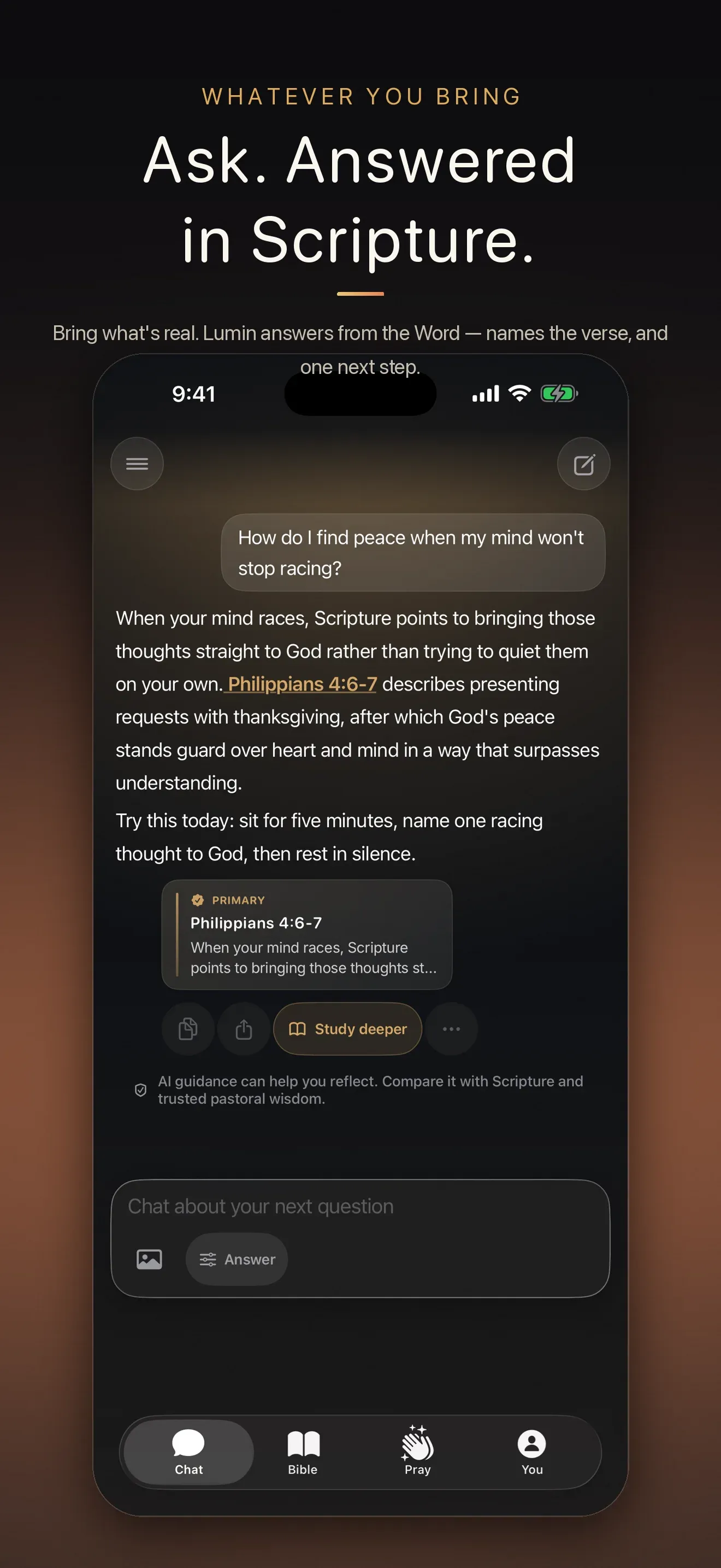 Lumin Faith App Store screen: “Ask. Answered in Scripture.” — a Bible question answered with Philippians 4:6-7.