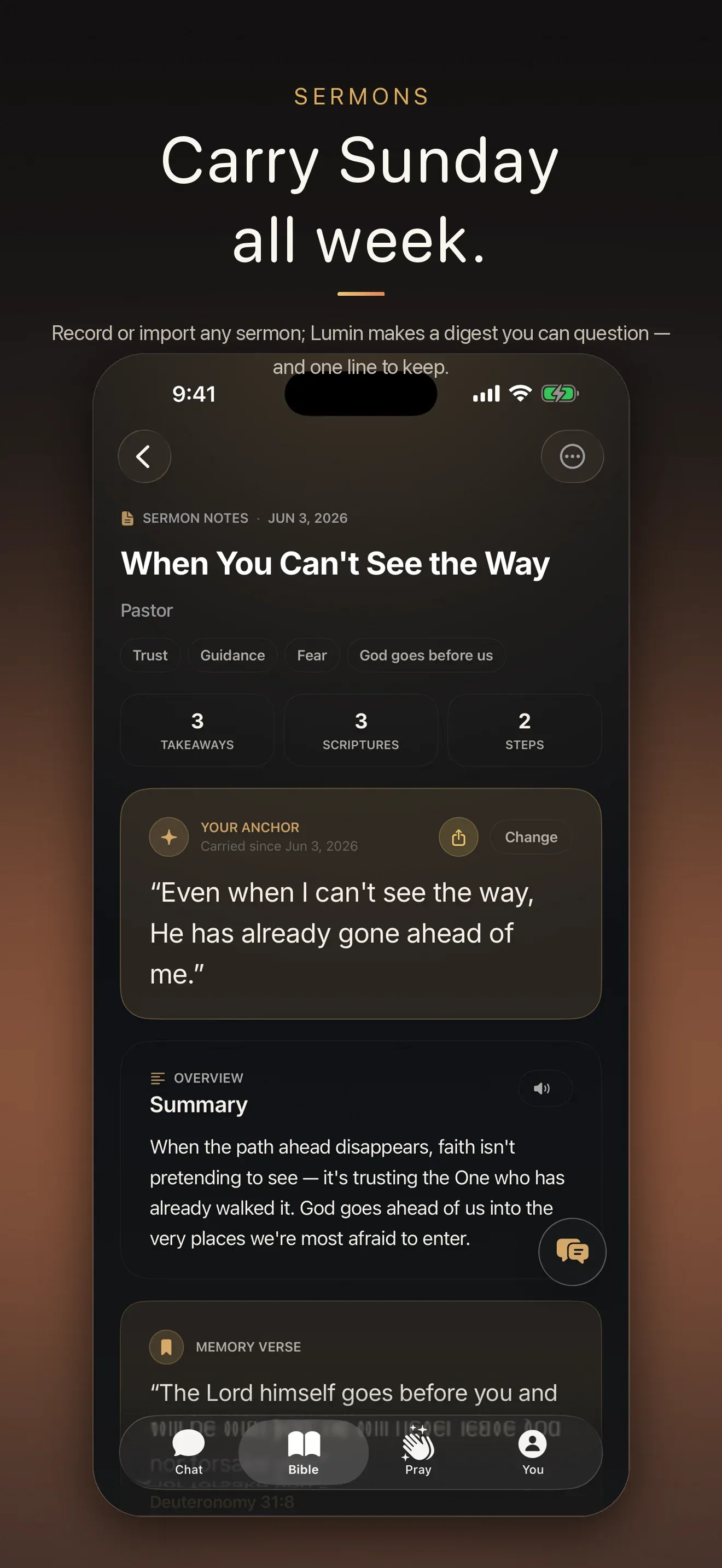 Lumin Faith App Store screen: “Carry Sunday all week.” — a sermon digest with takeaways and an anchor verse.