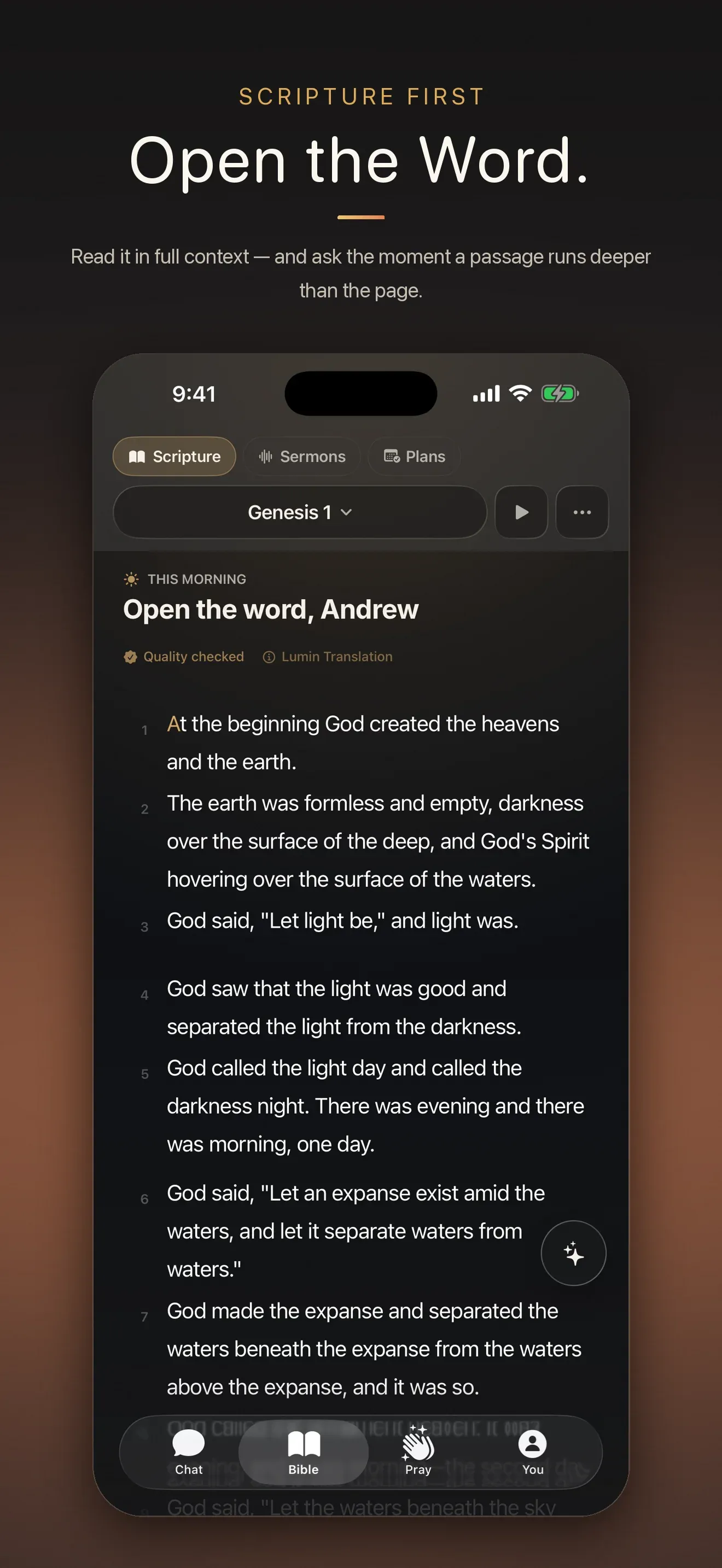 Lumin Faith App Store screen: “Open the Word.” — a clean Bible reader.
