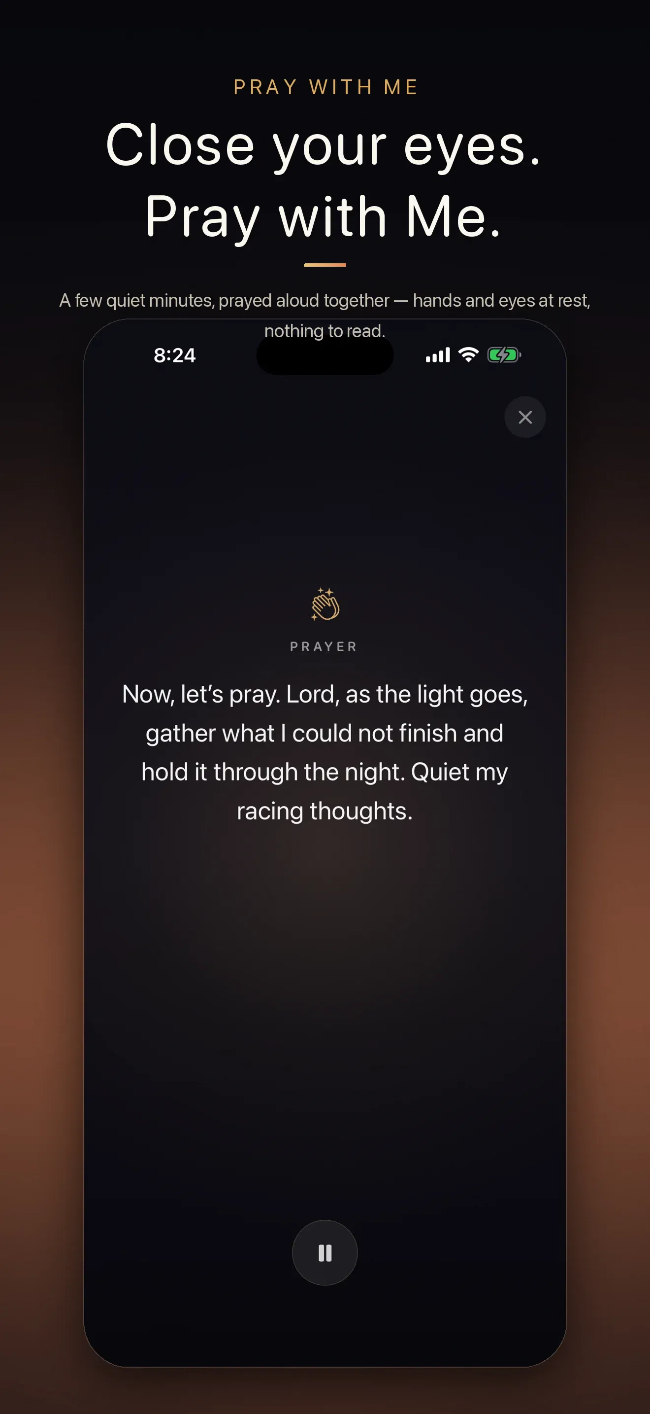 Lumin Faith App Store screen: “Close your eyes. Pray with Me.” — spoken guided prayer.
