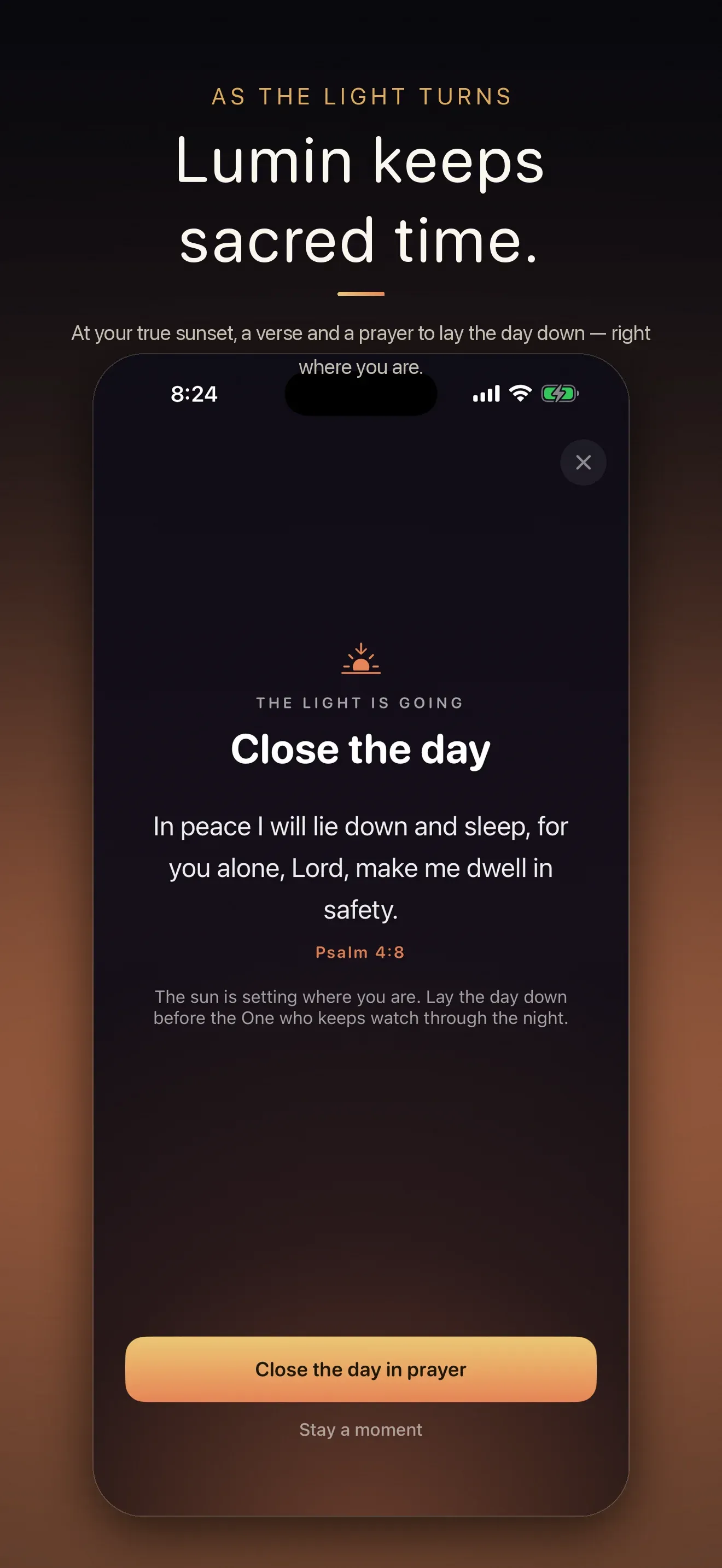 Lumin Faith App Store screen: “Lumin keeps sacred time.” — a compline prayer at dusk.