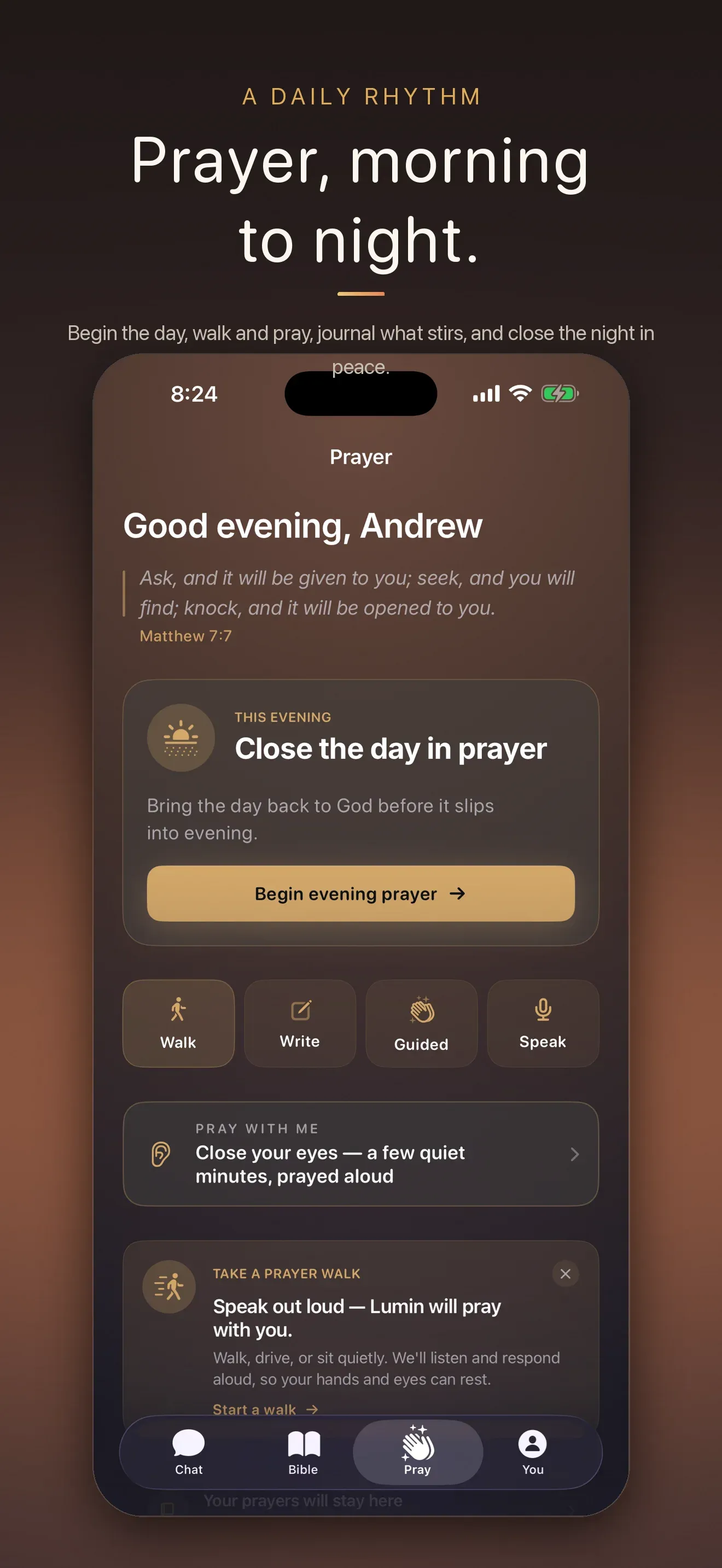 Lumin Faith App Store screen: “Prayer, morning to night.” — the prayer home.