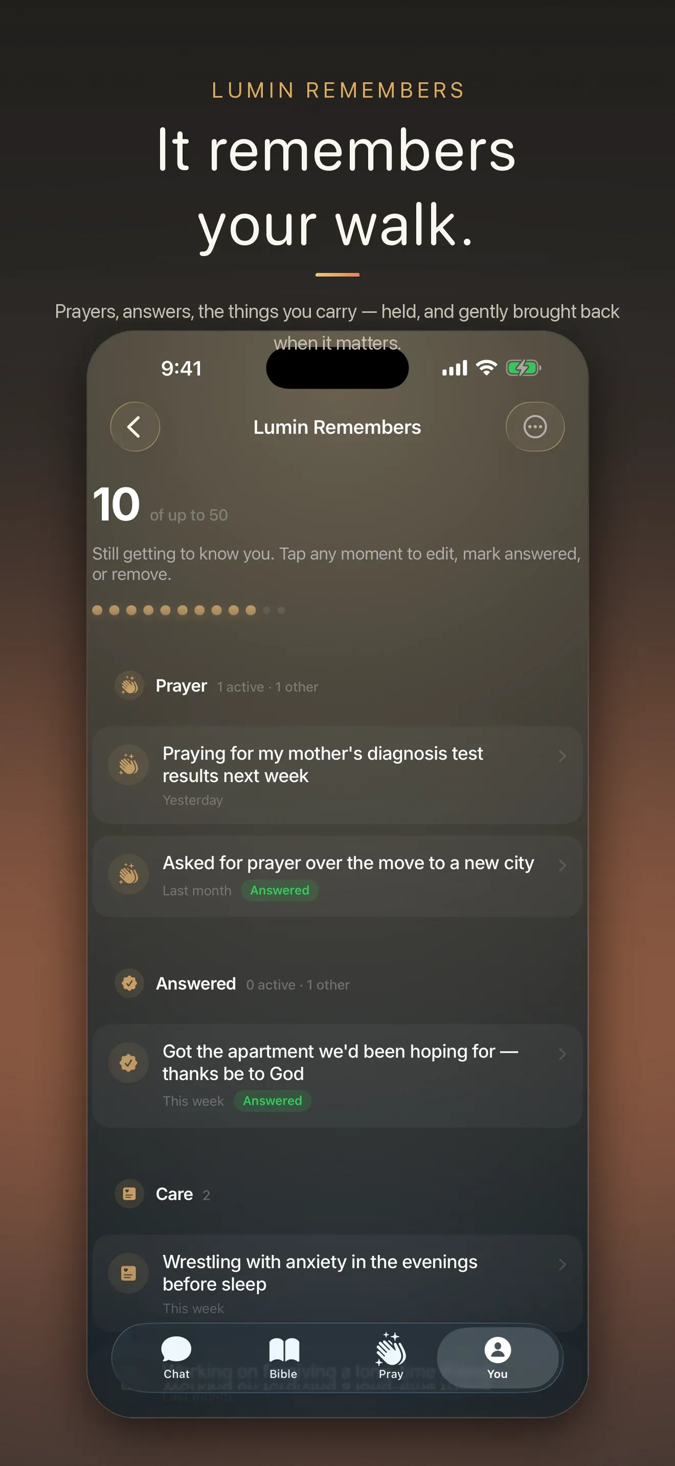 Lumin Faith App Store screen: “It remembers your walk.” — prayers and answered prayers.