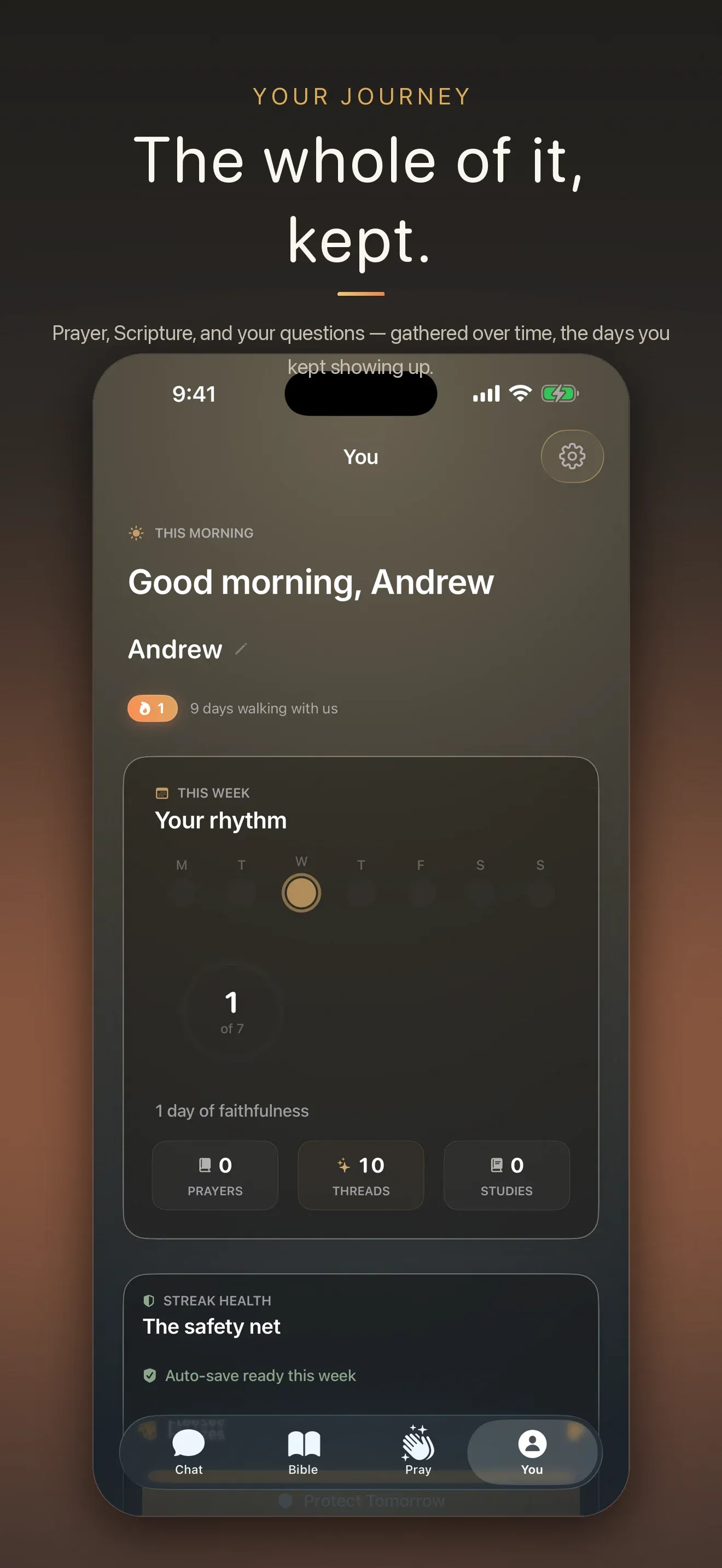 Lumin Faith App Store screen: “The whole of it, kept.” — your account and rhythm.