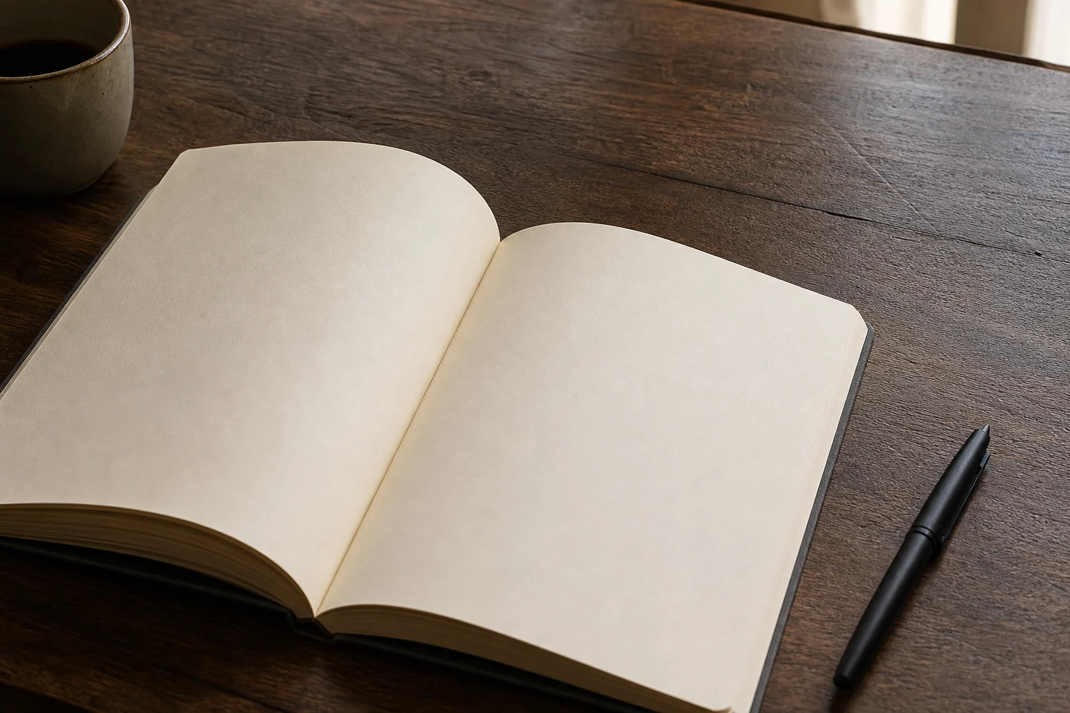 An open journal and pen on a dark wooden table, ready for one thing worth carrying from the sermon.