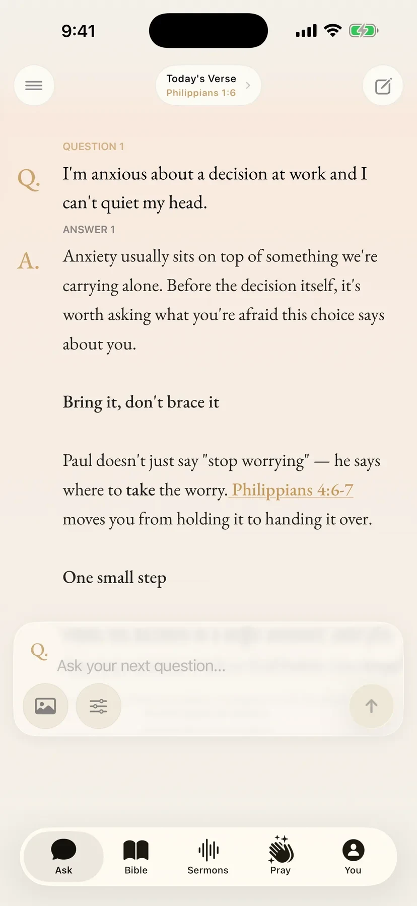 Lumin answering a question about anxiety with a named reference to Philippians 4:6–7.