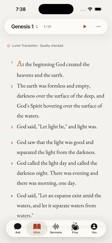 Lumin Bible screen: read Scripture with a clear, quiet study surface.