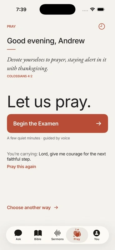 The Lumin Pray screen with an evening greeting, a verse from Colossians 4:2, and a button to begin the Examen.