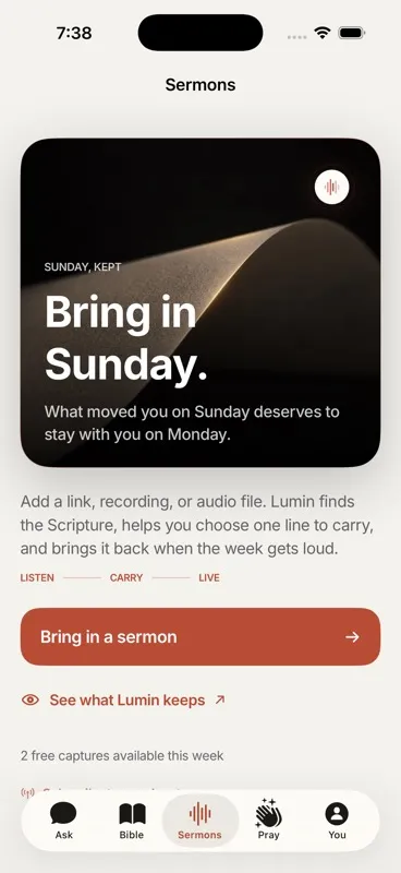Lumin Sermons screen: carry a sermon into the week with a digest and a next step.