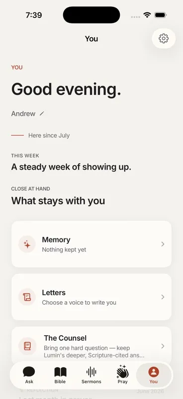 Lumin You screen: return to the prayers and reflections you want to keep close.