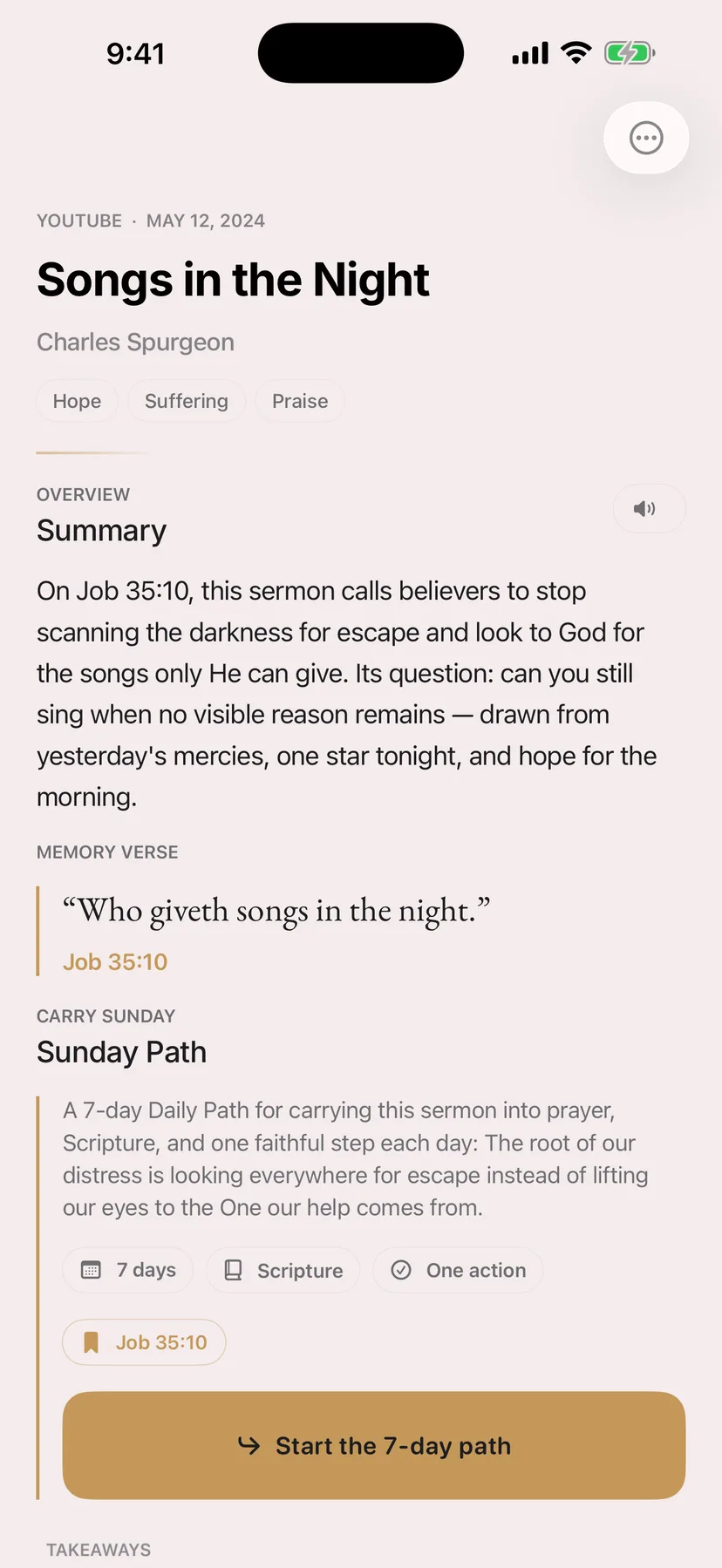 Lumin’s Songs in the Night sermon digest, with its summary, Job 35:10 Anchor, and Sunday Path.