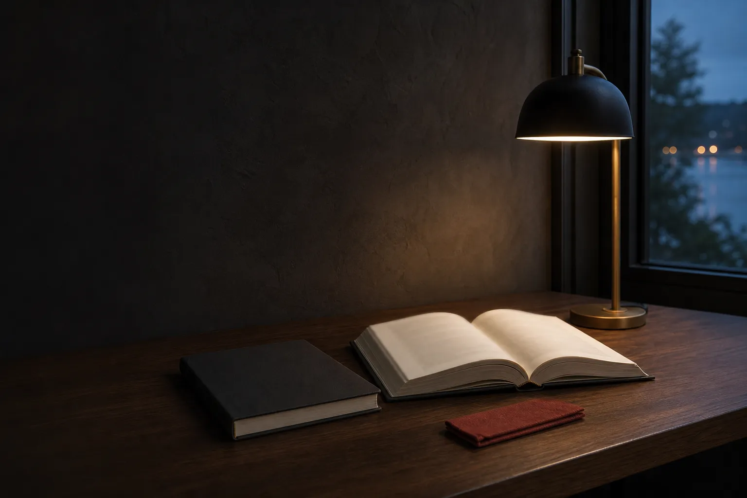 A quiet evening reading table with an open book, a plain notebook, and a warm lamp.