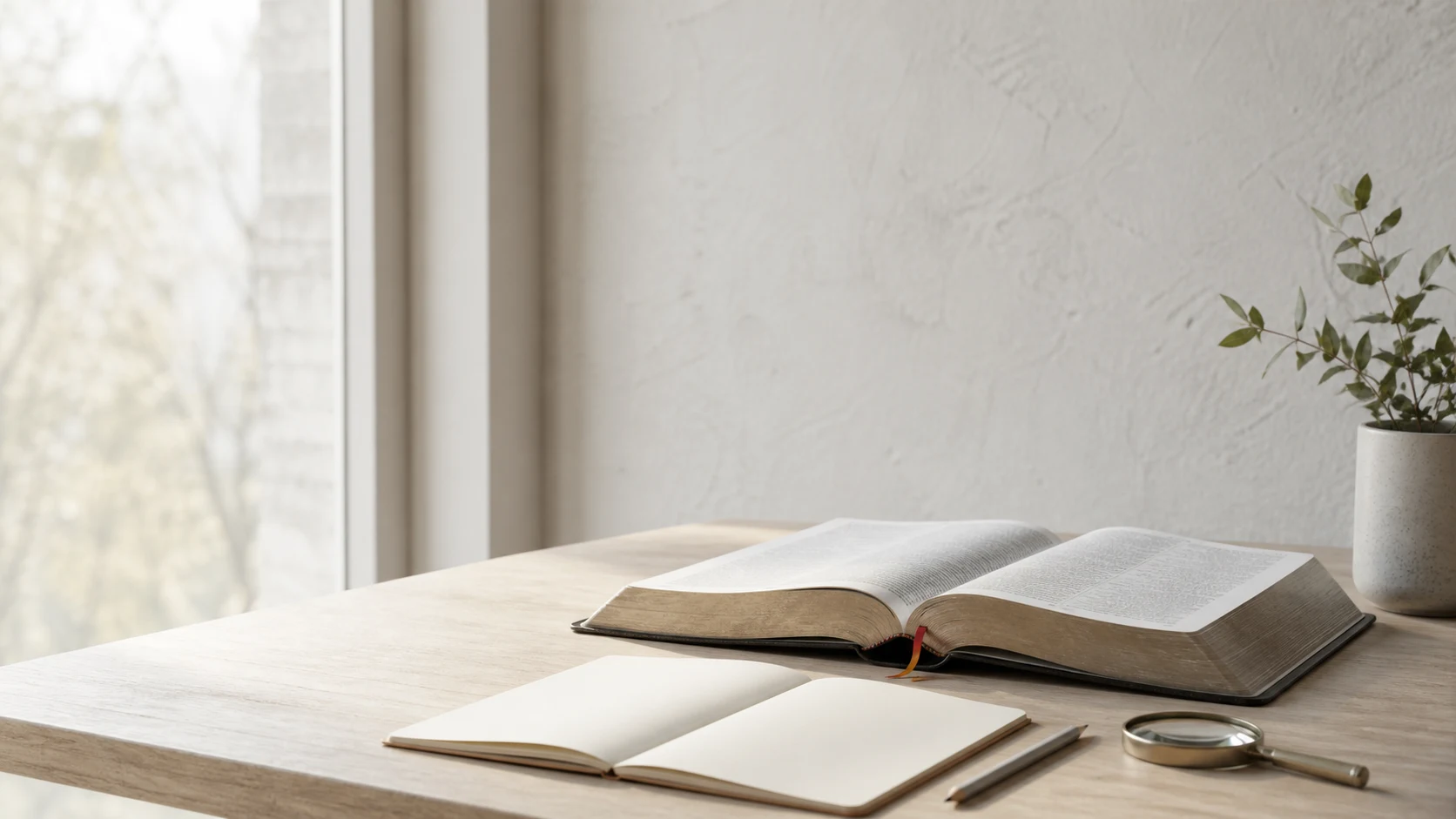 An open Bible, a blank notebook, a pencil, and a magnifying glass on a pale study table.