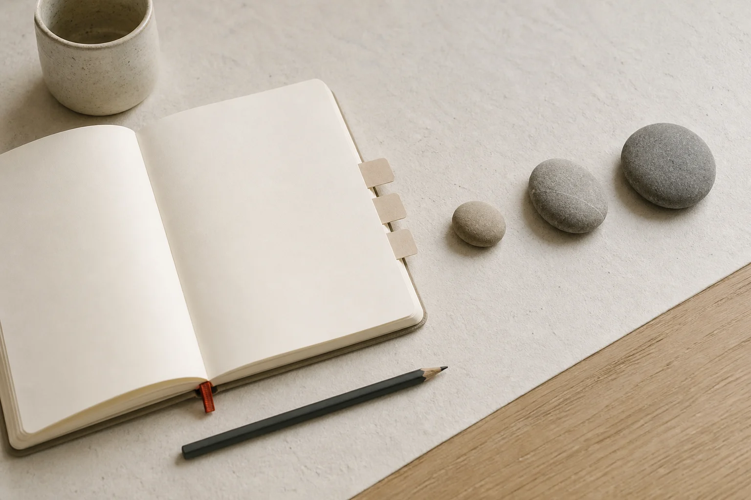 A blank notebook, page tabs, a pencil, and smooth stones arranged along a pale desk.