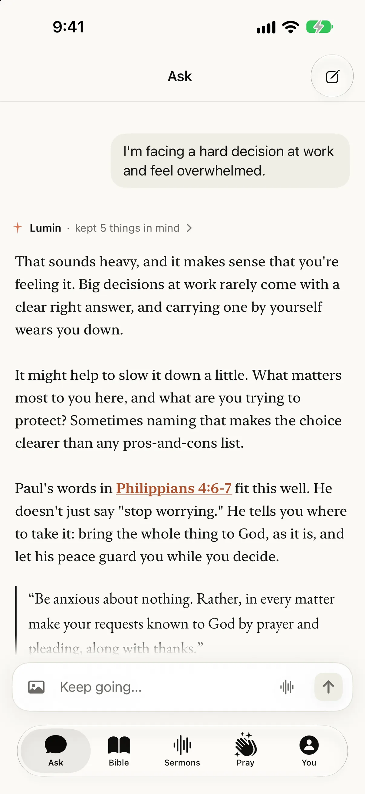 Ask in the Lumin app: a question about a hard decision at work, a plain answer that points to Philippians 4:6-7, and the verse quoted below it.