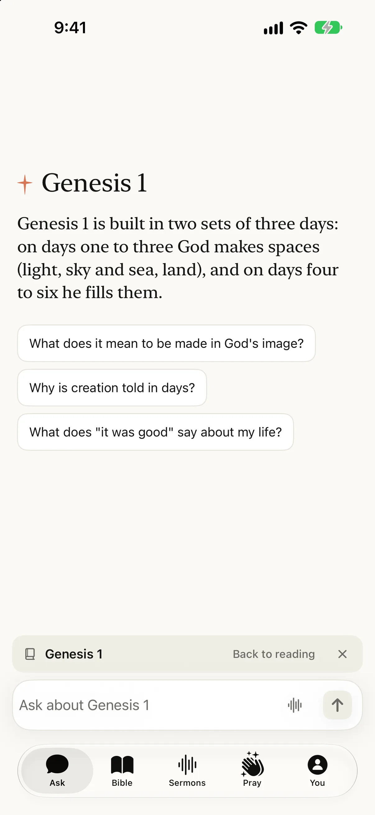 Genesis 1 in the Lumin app: an opening note that the chapter is built in two sets of three days, with three follow-up questions to tap.