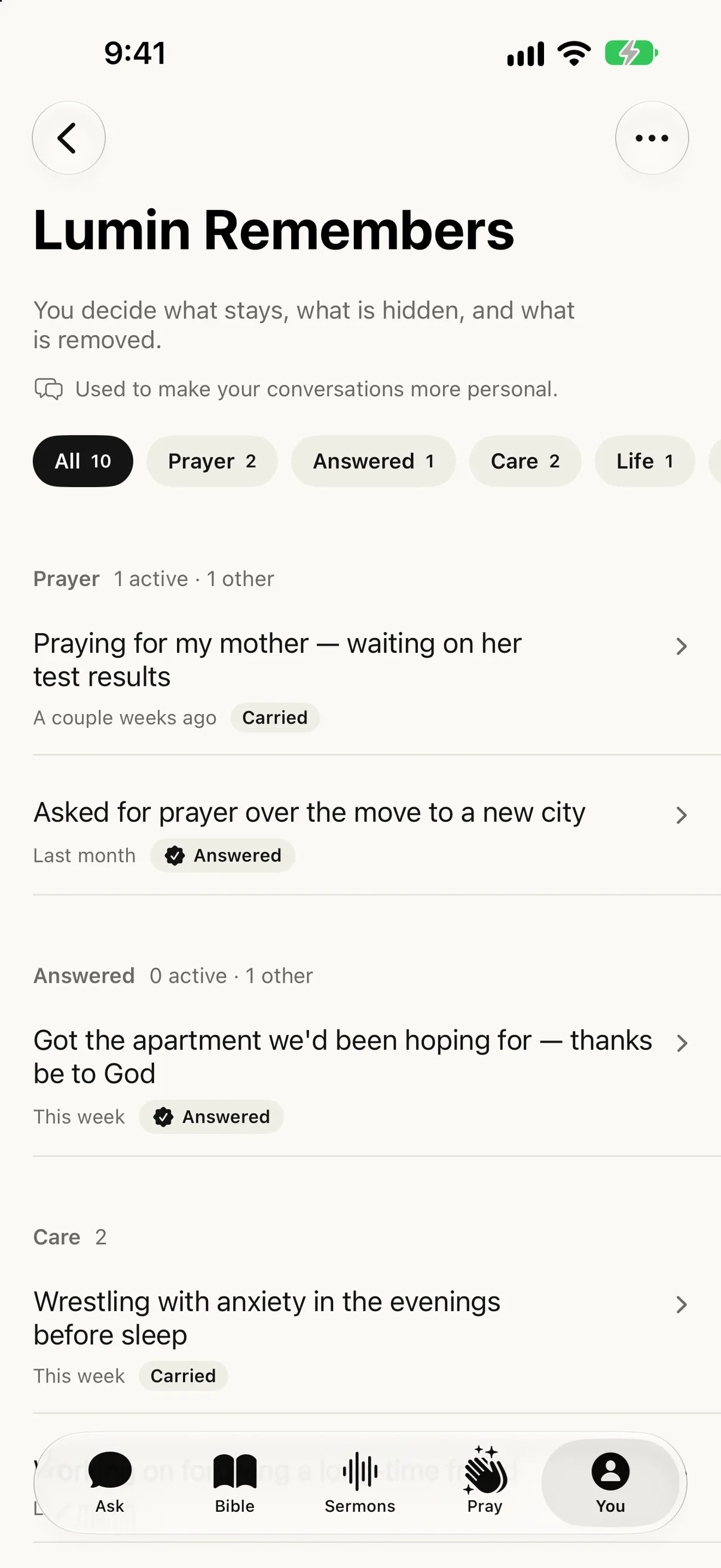 Lumin Remembers: ten kept items grouped as prayer, answered, and care, each one open to edit or remove.