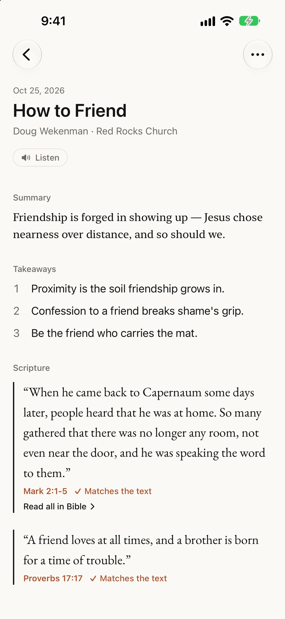 A sermon in the Lumin app: a summary, three takeaways, and Mark 2:1-5 quoted with a note that it matches the text.