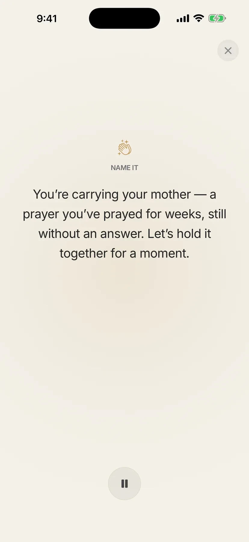 A Lumin spoken prayer screen inviting the user to name a prayer they have carried for weeks, with a pause control below.