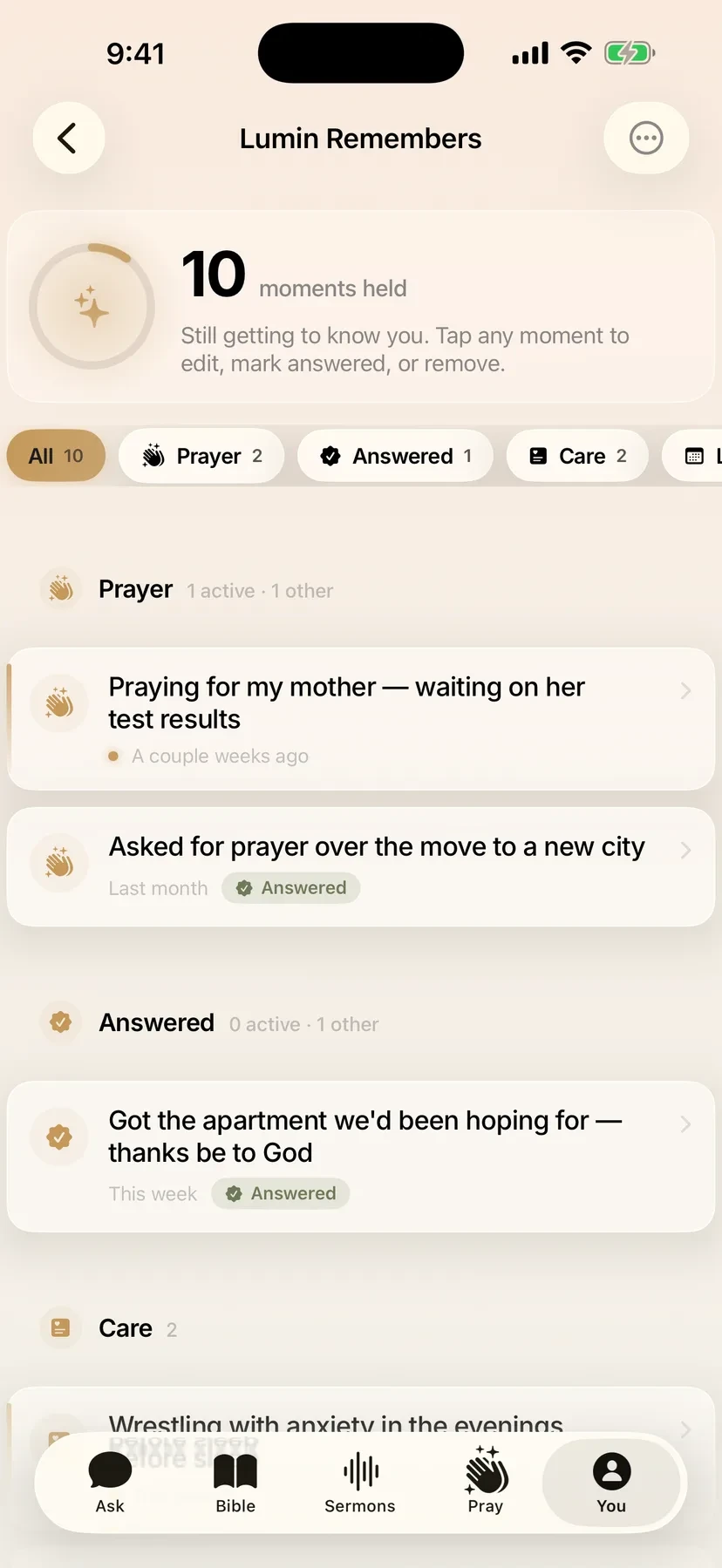 Lumin Remembers showing prayer memories and prayers the user has marked answered.