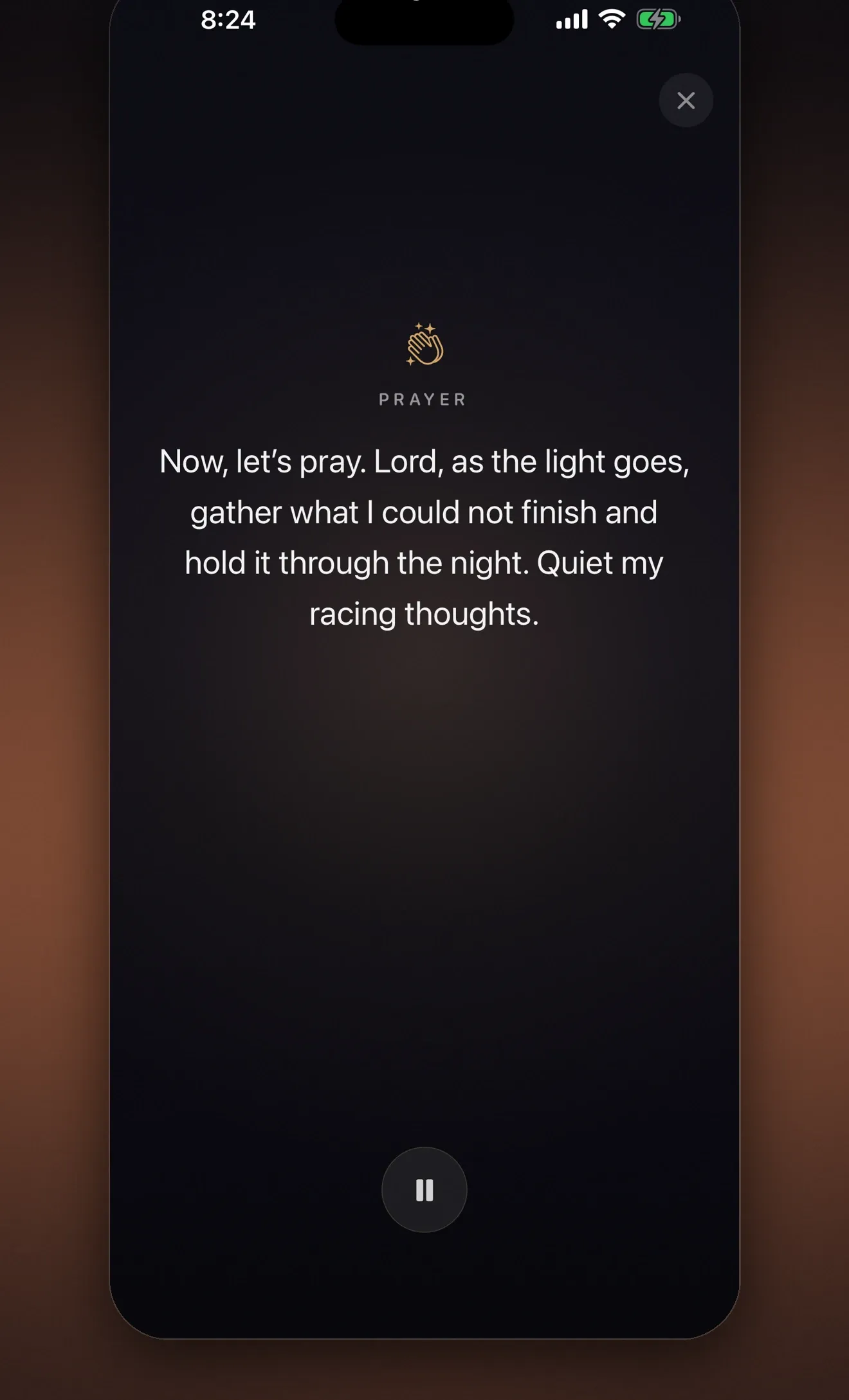 Lumin Faith Sanctuary guided prayer screen with a spoken prayer and nothing to read.