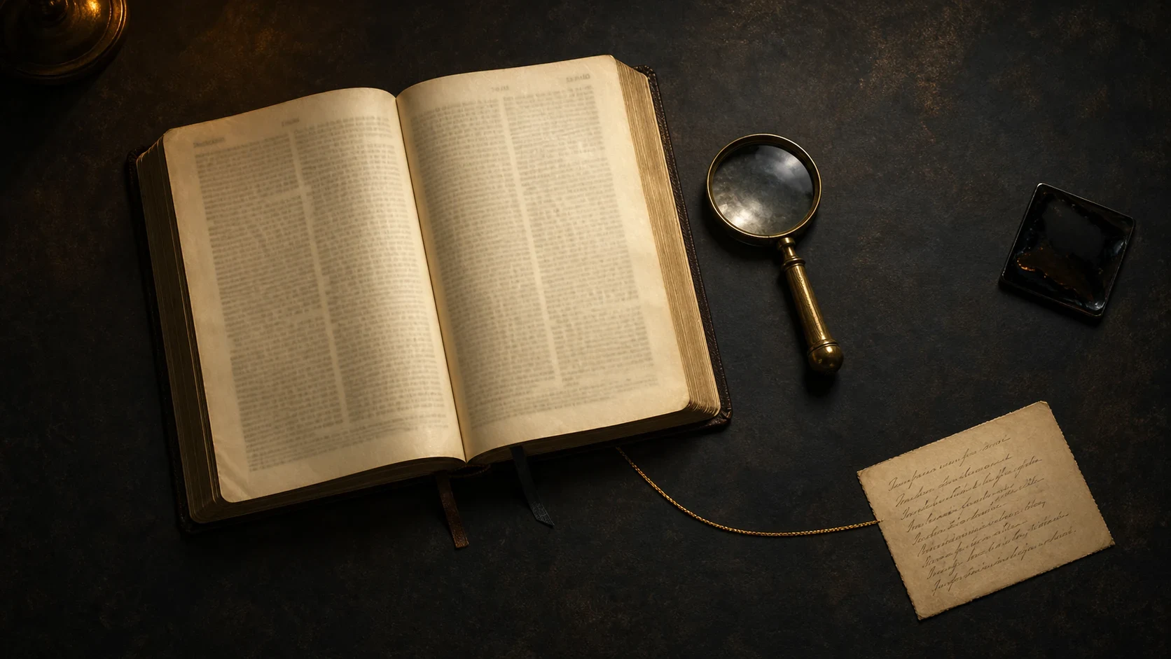 An open Bible and a magnifying glass on a dark study table, representing careful reading and discernment.