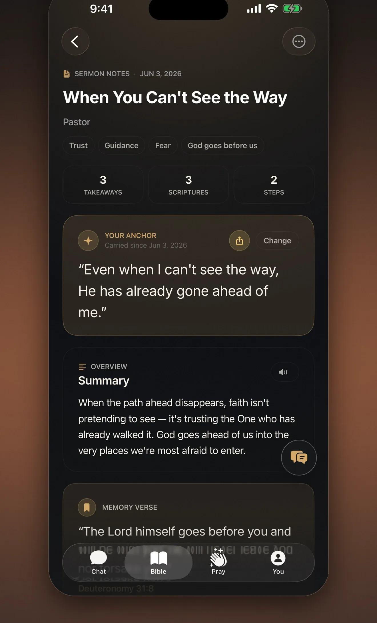 Lumin Faith sermon digest titled “When You Can’t See the Way” with takeaways, Scriptures, and an anchor verse.