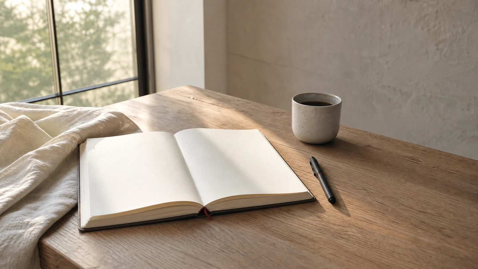 An open blank journal, coffee, and a pen on a sunlit wooden table.