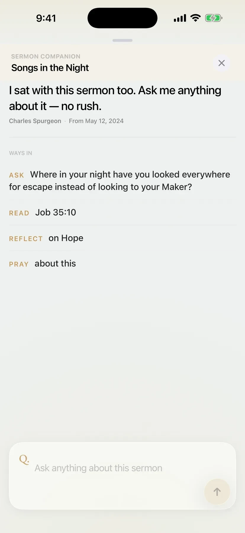The Lumin sermon companion showing a sermon digest, its Scripture, and a question prompt.