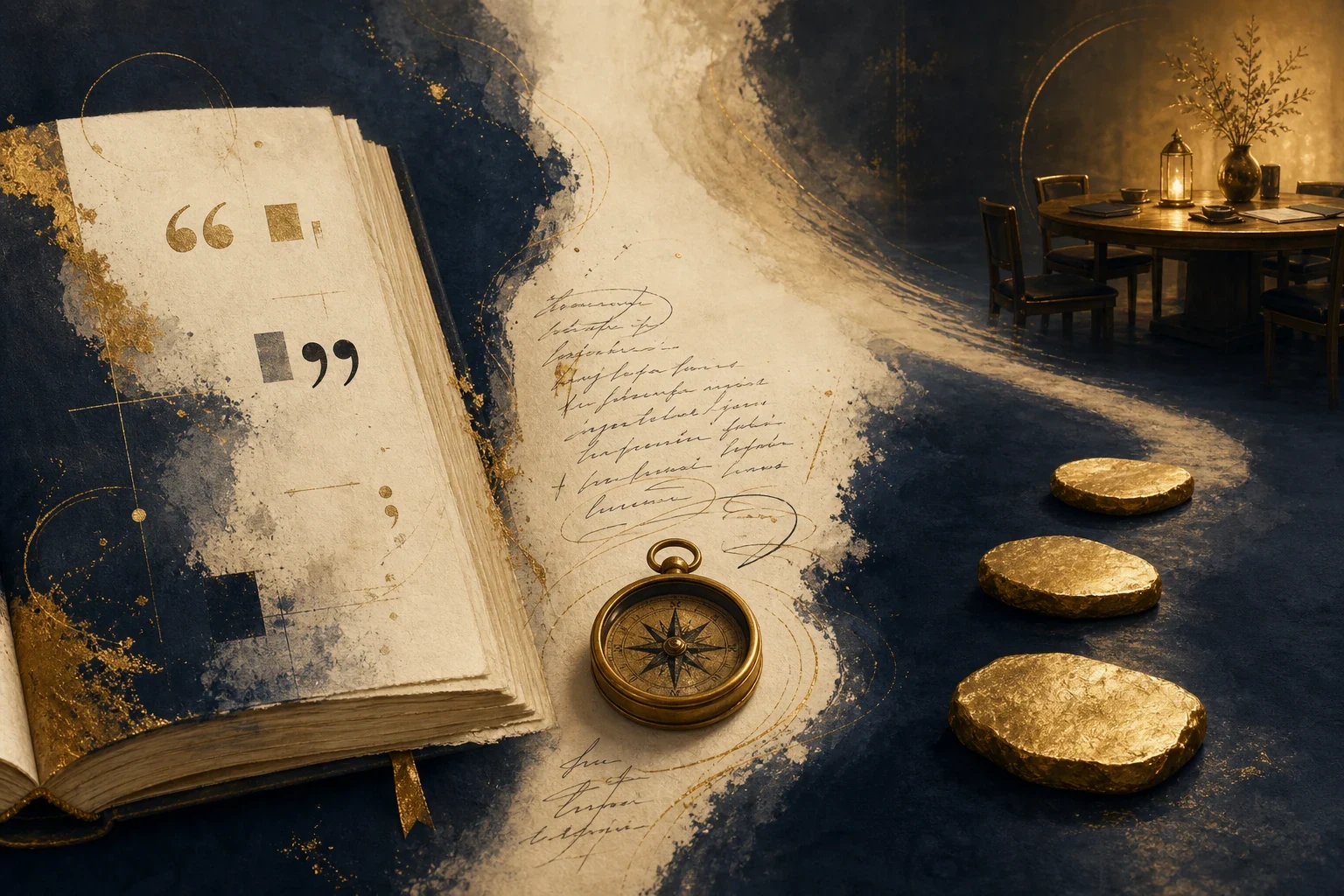 A Bible, journal, compass, and three stepping stones arranged as a visual guide for Christian discernment.