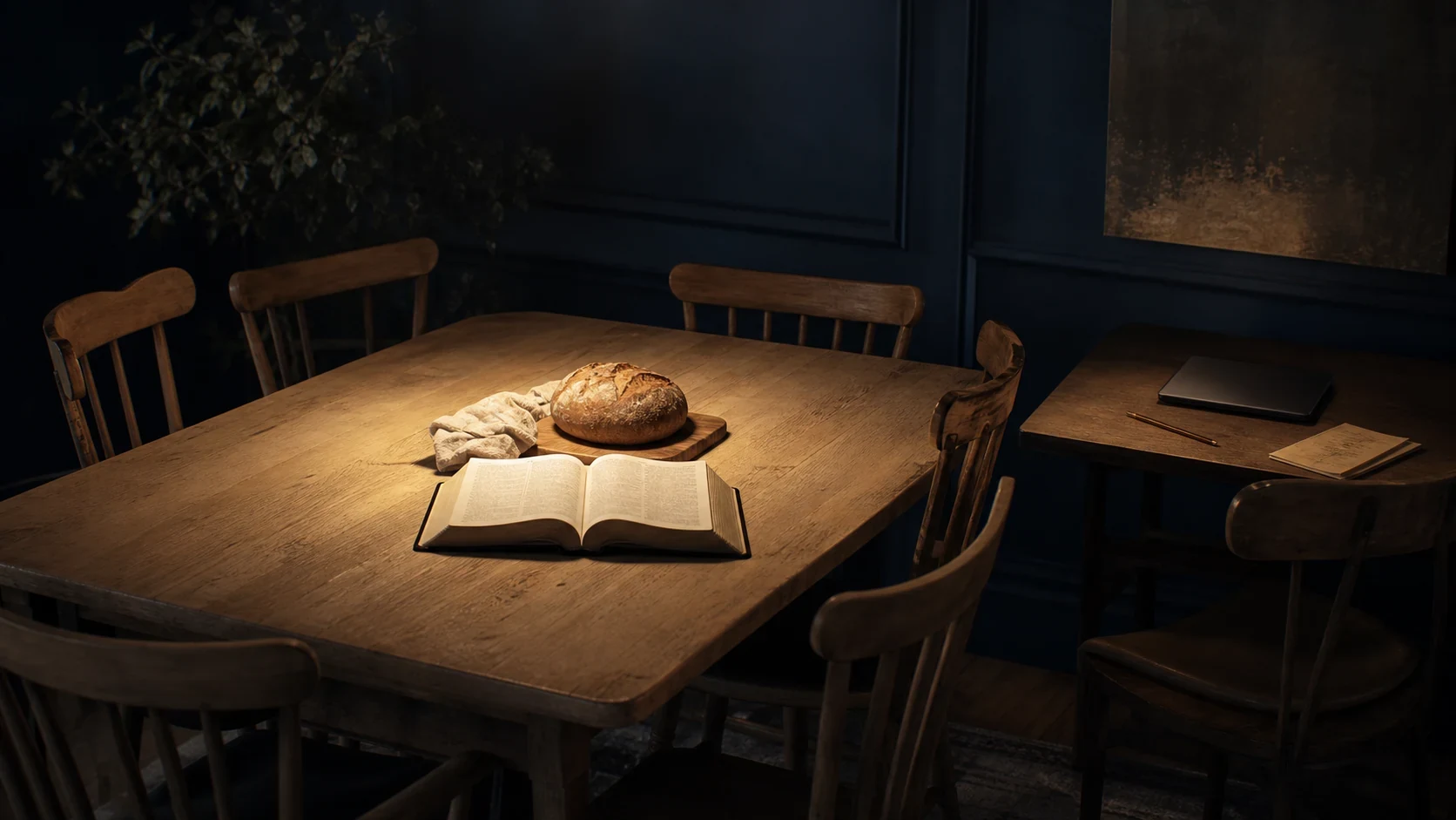 An open Bible and a loaf of bread on a warmly lit table, with empty chairs gathered around it.