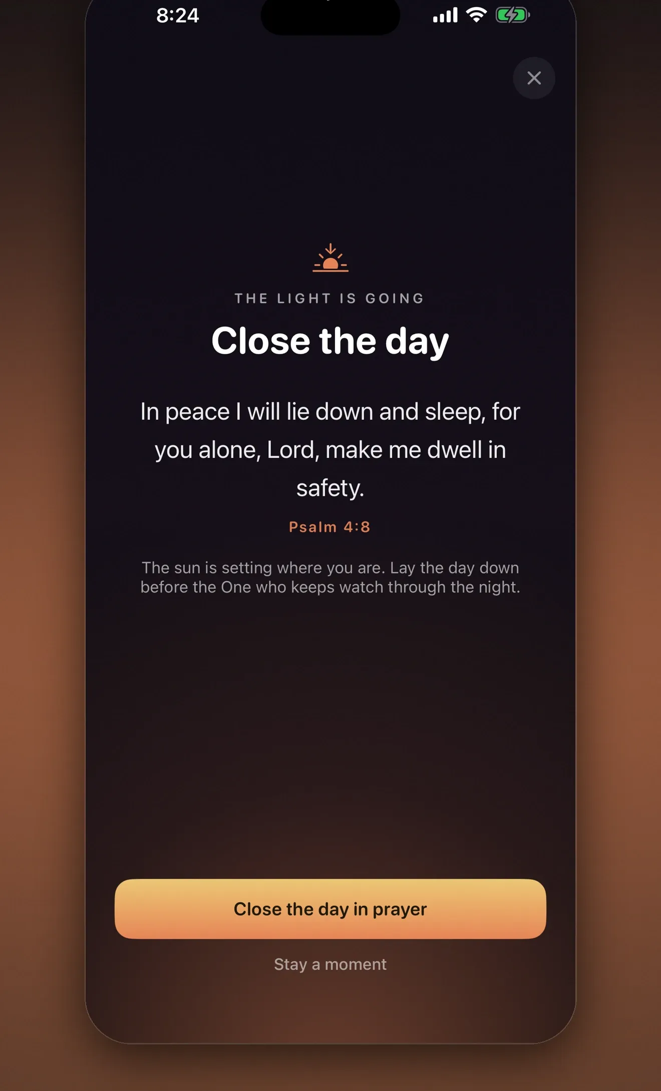 Lumin Faith Vigil compline screen at dusk with Psalm 4:8 and a prayer to close the day.