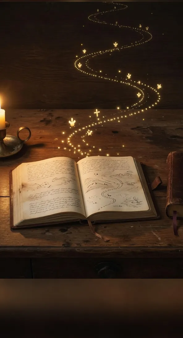 An open journal beside a lit candle, a hand-drawn path sketched across its pages while a trail of golden light rises from it